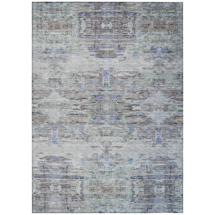 3' X 5' Taupe Blue And Green Abstract Washable Indoor Outdoor Area Rug