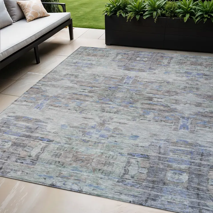 5' X 8' Taupe Blue And Green Abstract Washable Indoor Outdoor Area Rug