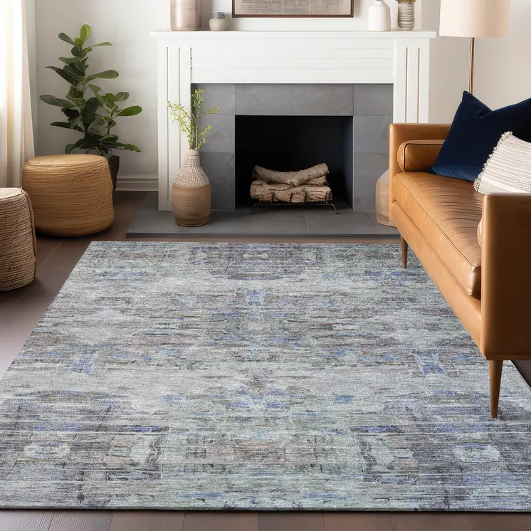 5' X 8' Taupe Blue And Green Abstract Washable Indoor Outdoor Area Rug