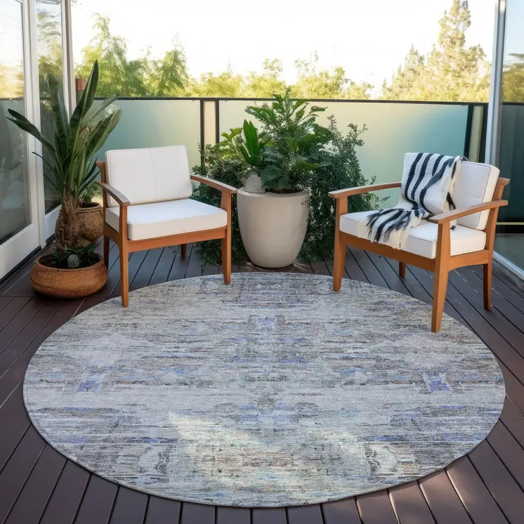 8' Taupe Blue And Green Round Abstract Washable Indoor Outdoor Area Rug
