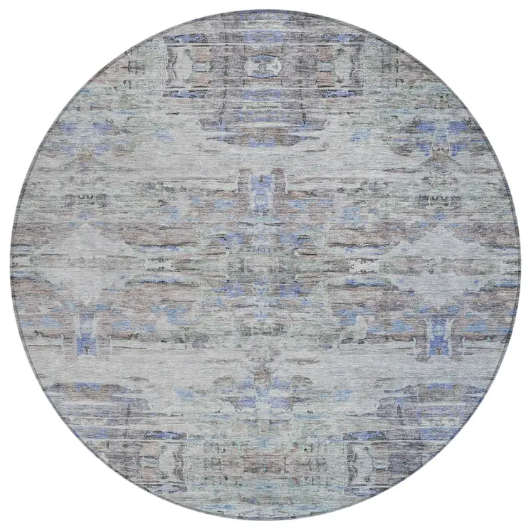 8' Taupe Blue And Green Round Abstract Washable Indoor Outdoor Area Rug