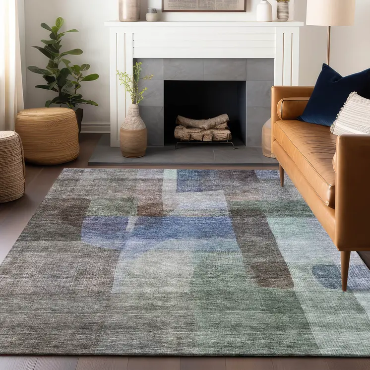 3' X 5' Brown Green And Blue Abstract Washable Indoor Outdoor Area Rug