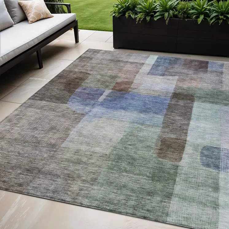 5' X 8' Brown Green And Blue Abstract Washable Indoor Outdoor Area Rug