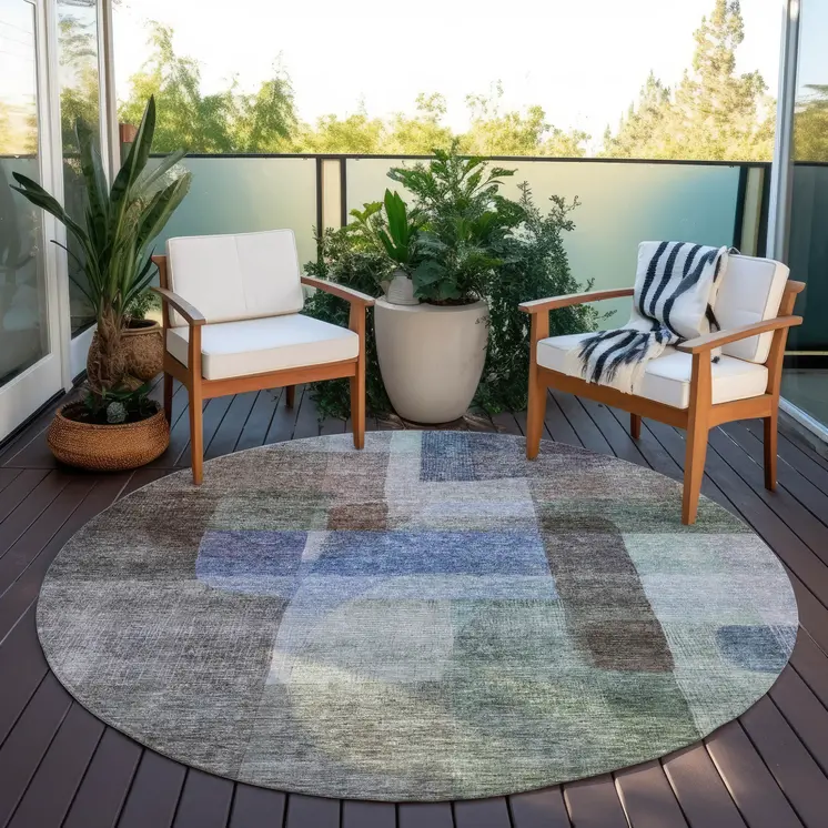 8' Brown Green And Blue Round Abstract Washable Indoor Outdoor Area Rug