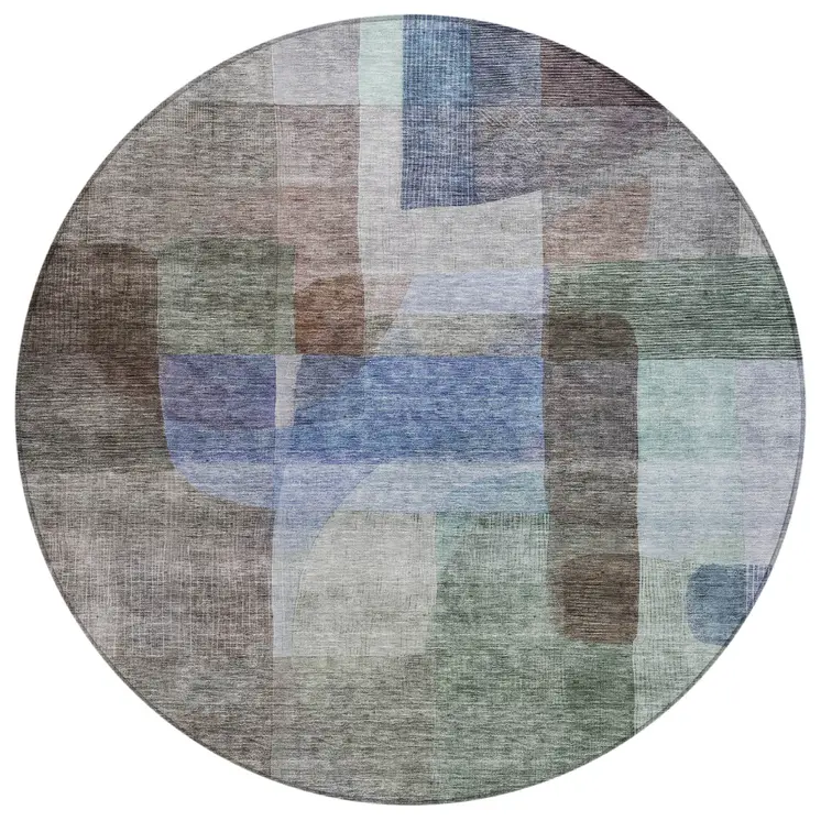 8' Brown Green And Blue Round Abstract Washable Indoor Outdoor Area Rug