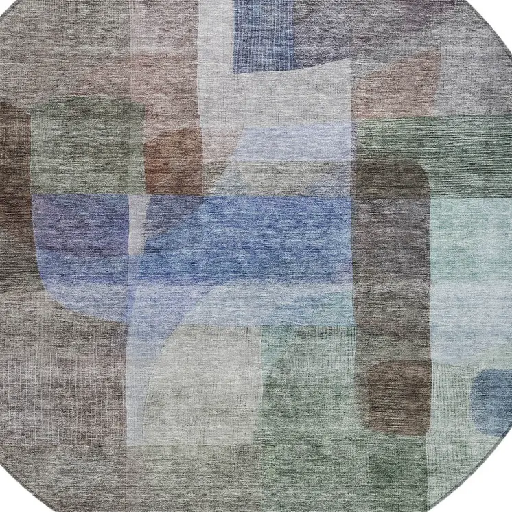 8' Brown Green And Blue Round Abstract Washable Indoor Outdoor Area Rug