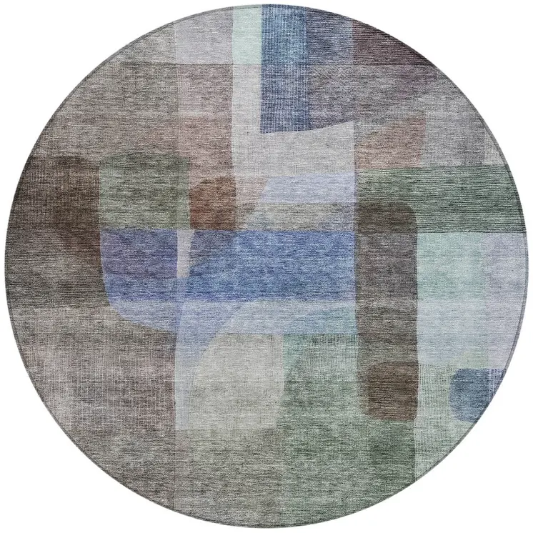 8' Brown Green And Blue Round Abstract Washable Indoor Outdoor Area Rug