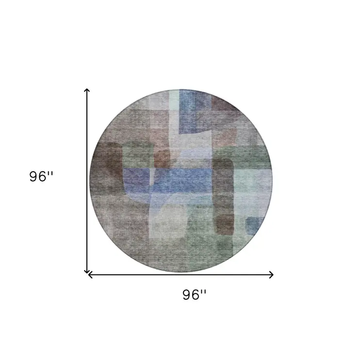 8' Brown Green And Blue Round Abstract Washable Indoor Outdoor Area Rug