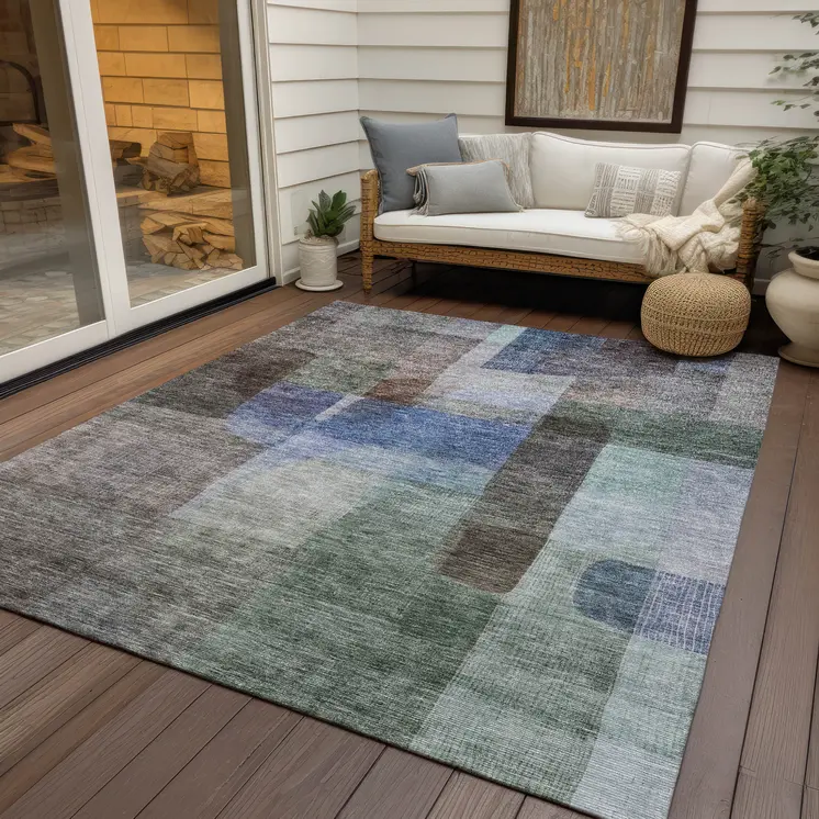 9' X 12' Brown Green And Blue Abstract Washable Indoor Outdoor Area Rug