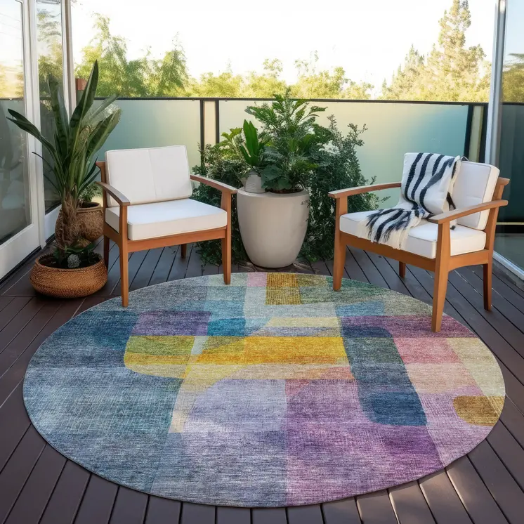 8' Blue Green And Purple Round Abstract Washable Indoor Outdoor Area Rug