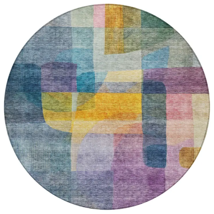 8' Blue Green And Purple Round Abstract Washable Indoor Outdoor Area Rug