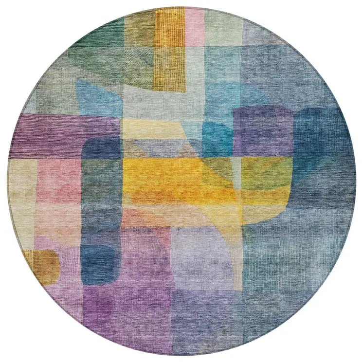 8' Blue Green And Purple Round Abstract Washable Indoor Outdoor Area Rug