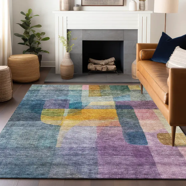 10' X 14' Blue Green And Purple Abstract Washable Indoor Outdoor Area Rug