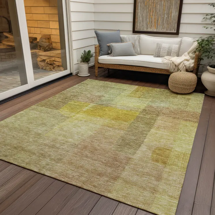 3' X 5' Gold Green And Brown Abstract Washable Indoor Outdoor Area Rug
