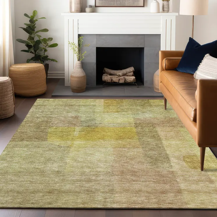 3' X 5' Gold Green And Brown Abstract Washable Indoor Outdoor Area Rug