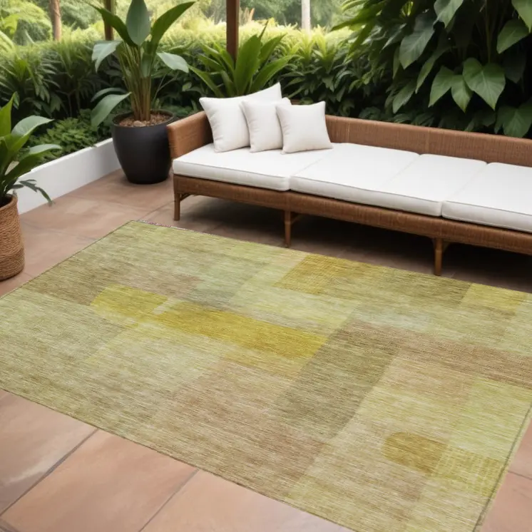 9' X 12' Gold Green And Brown Abstract Washable Indoor Outdoor Area Rug