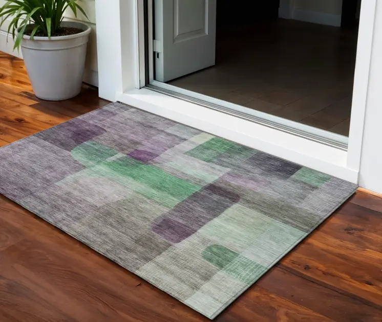 3' X 5' Purple Gray And Green Abstract Washable Indoor Outdoor Area Rug