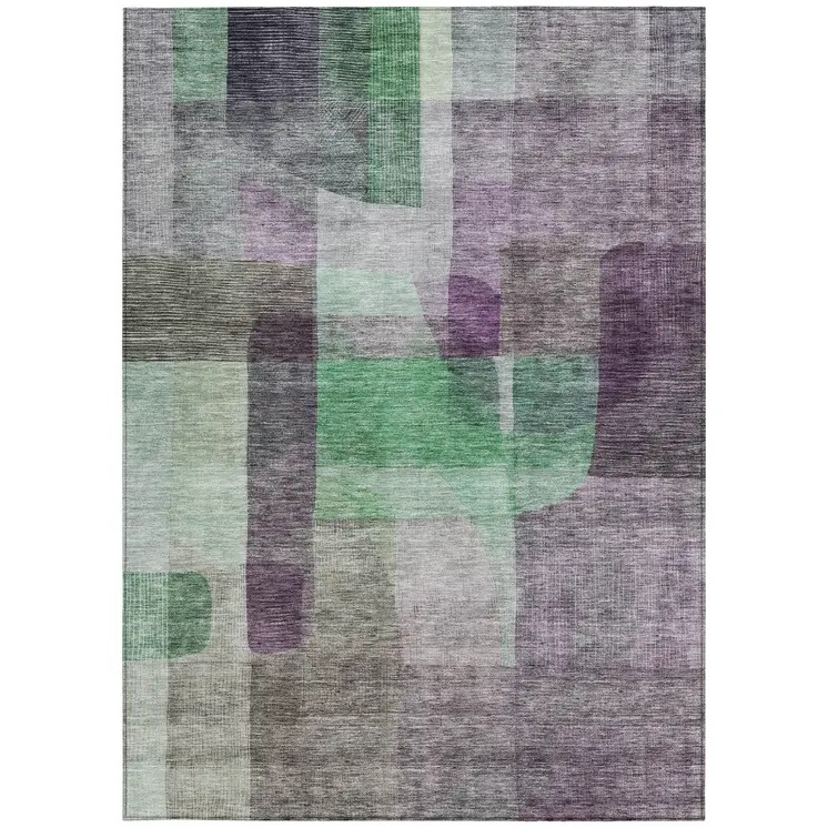 5' X 8' Purple Gray And Green Abstract Washable Indoor Outdoor Area Rug