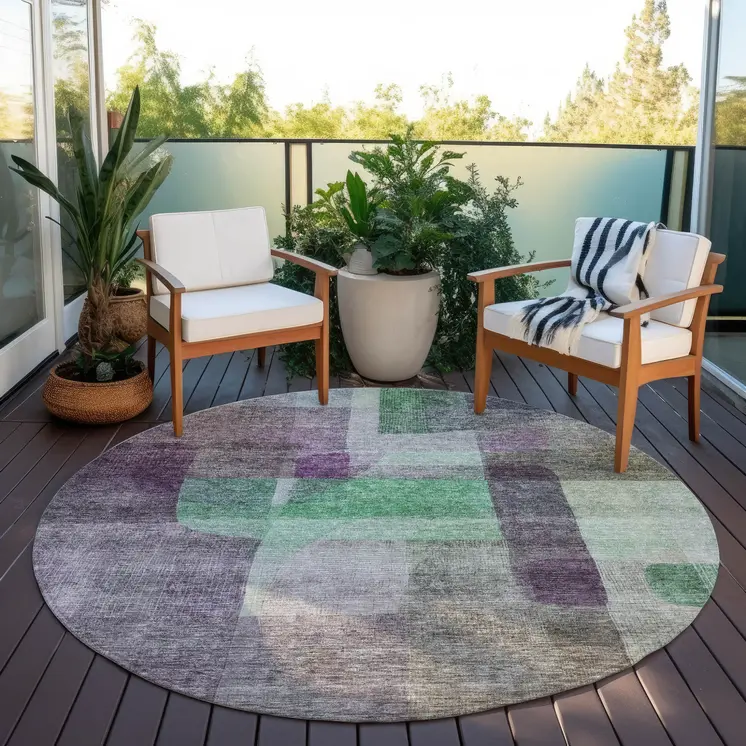 8' Purple Gray And Green Round Abstract Washable Indoor Outdoor Area Rug