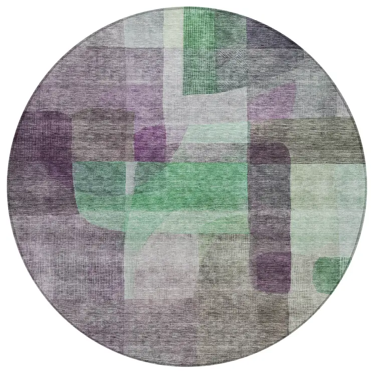 8' Purple Gray And Green Round Abstract Washable Indoor Outdoor Area Rug