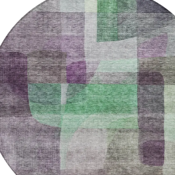 8' Purple Gray And Green Round Abstract Washable Indoor Outdoor Area Rug
