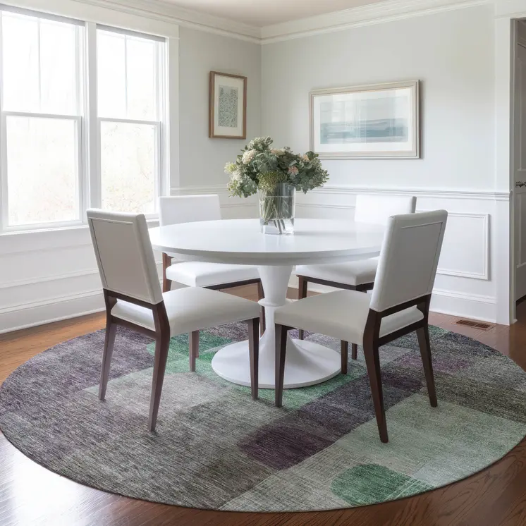 8' Purple Gray And Green Round Abstract Washable Indoor Outdoor Area Rug