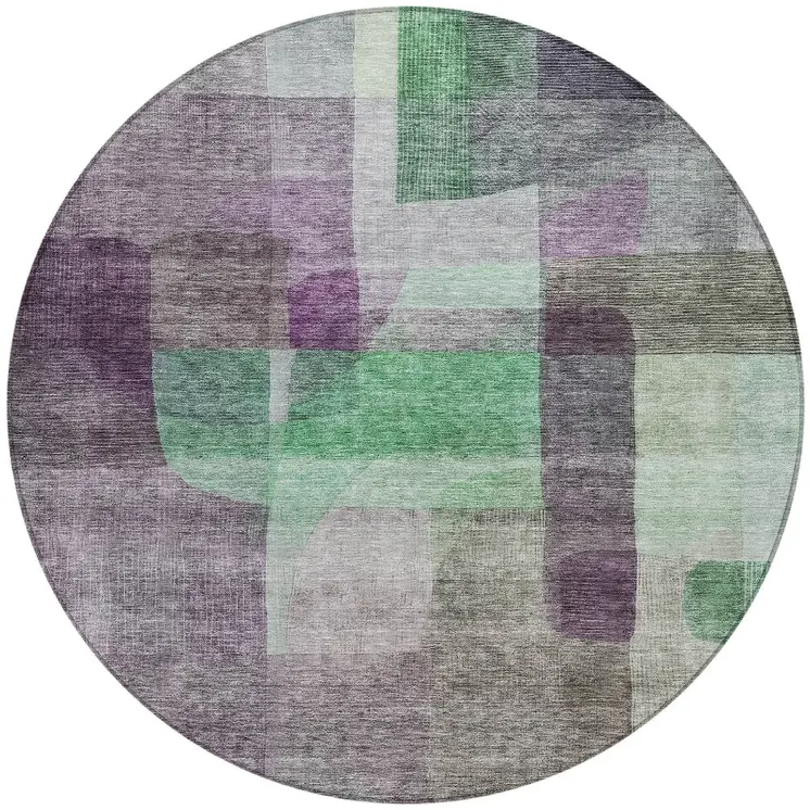 8' Purple Gray And Green Round Abstract Washable Indoor Outdoor Area Rug