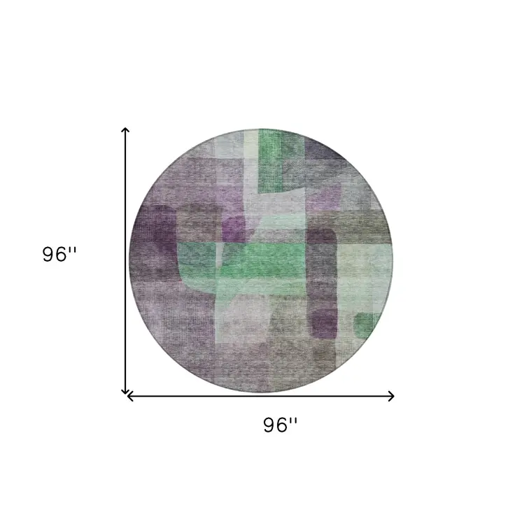 8' Purple Gray And Green Round Abstract Washable Indoor Outdoor Area Rug