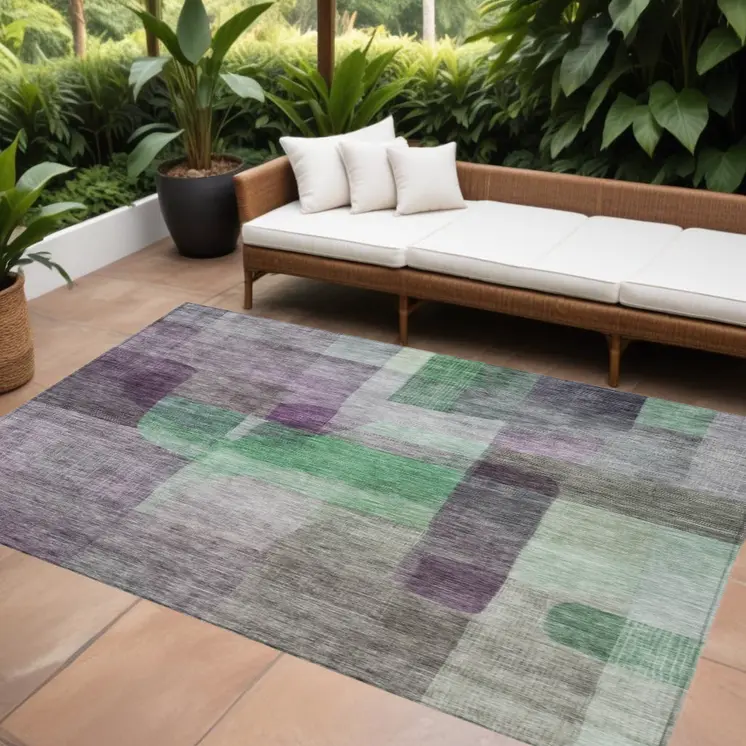 8' X 10' Purple Gray And Green Abstract Washable Indoor Outdoor Area Rug