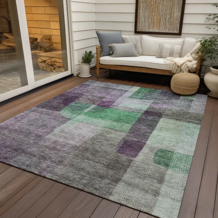 8' X 10' Purple Gray And Green Abstract Washable Indoor Outdoor Area Rug
