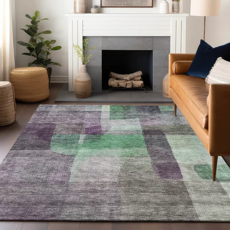 8' X 10' Purple Gray And Green Abstract Washable Indoor Outdoor Area Rug