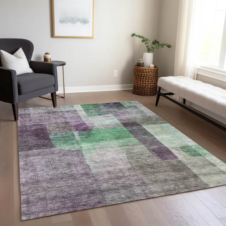 9' X 12' Purple Gray And Green Abstract Washable Indoor Outdoor Area Rug