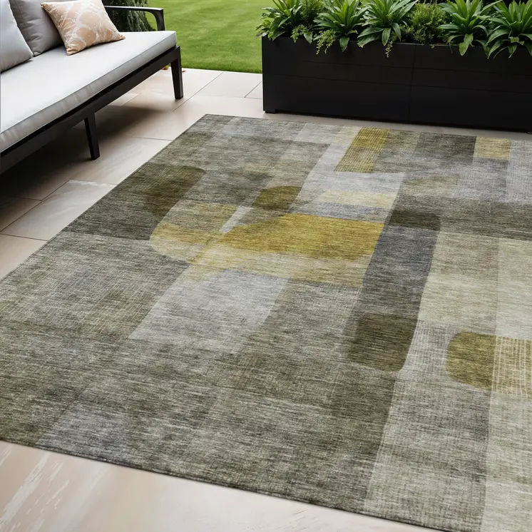 5' X 8' Taupe Gray And Green Abstract Washable Indoor Outdoor Area Rug