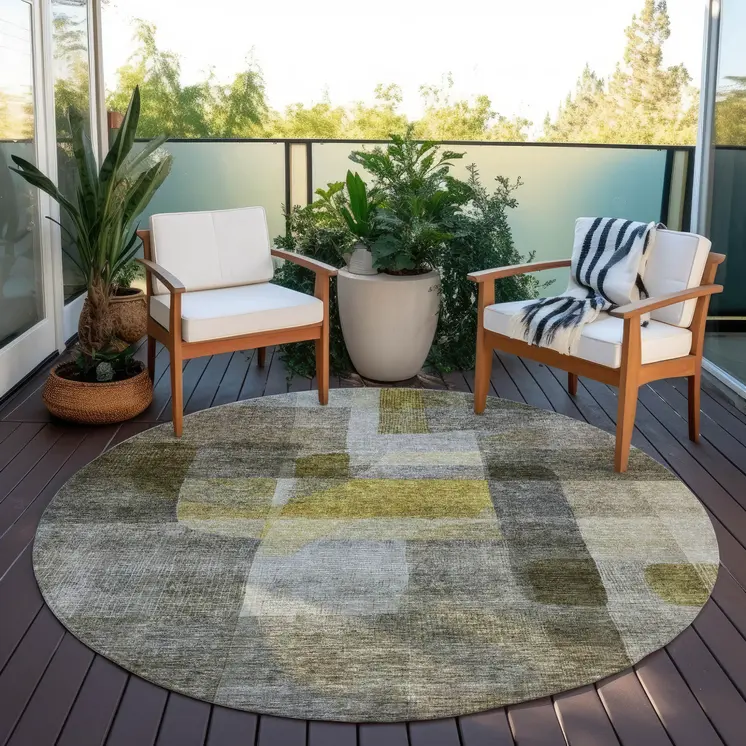 8' Taupe Gray And Green Round Abstract Washable Indoor Outdoor Area Rug