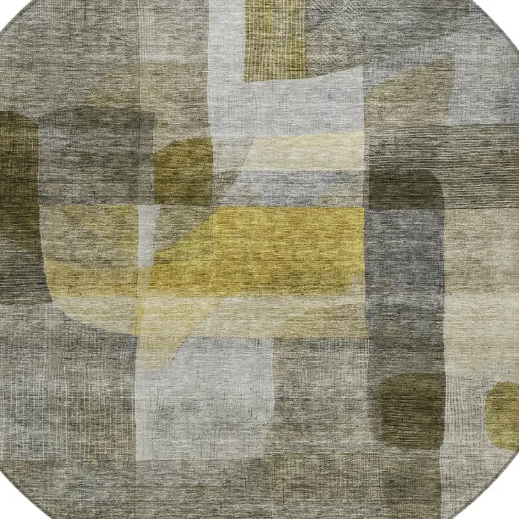 8' Taupe Gray And Green Round Abstract Washable Indoor Outdoor Area Rug