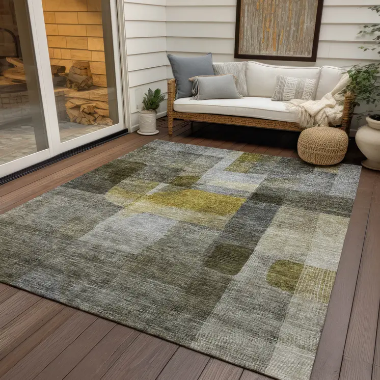 10' X 14' Taupe Gray And Green Abstract Washable Indoor Outdoor Area Rug