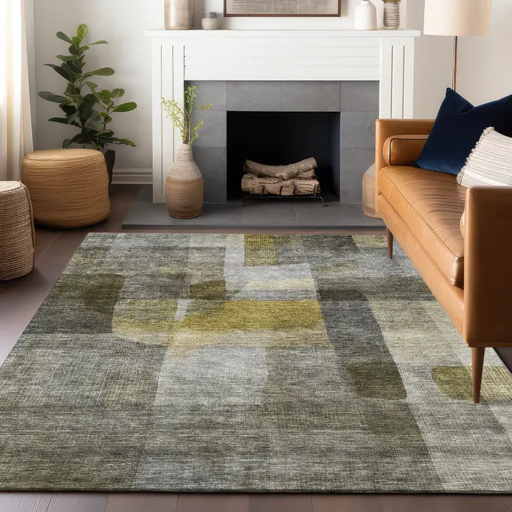 10' X 14' Taupe Gray And Green Abstract Washable Indoor Outdoor Area Rug