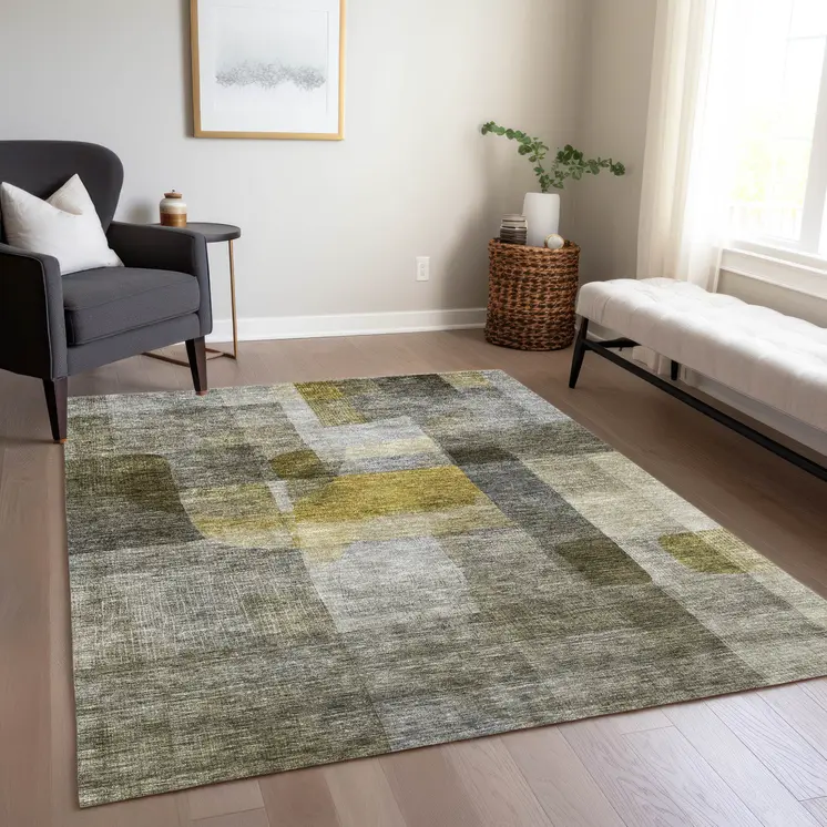 10' X 14' Taupe Gray And Green Abstract Washable Indoor Outdoor Area Rug