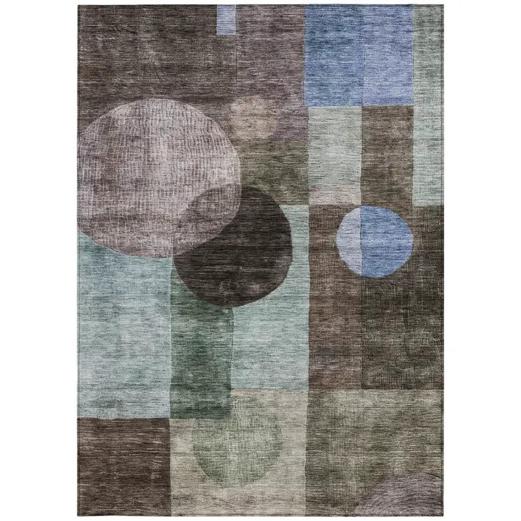 5' X 8' Brown Blue And Green Geometric Washable Indoor Outdoor Area Rug