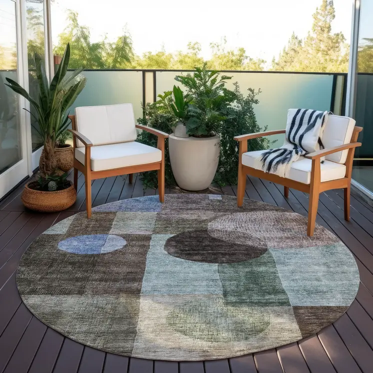 8' Brown Blue And Green Round Geometric Washable Indoor Outdoor Area Rug