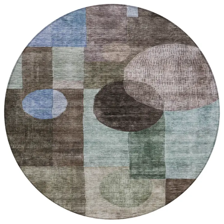8' Brown Blue And Green Round Geometric Washable Indoor Outdoor Area Rug