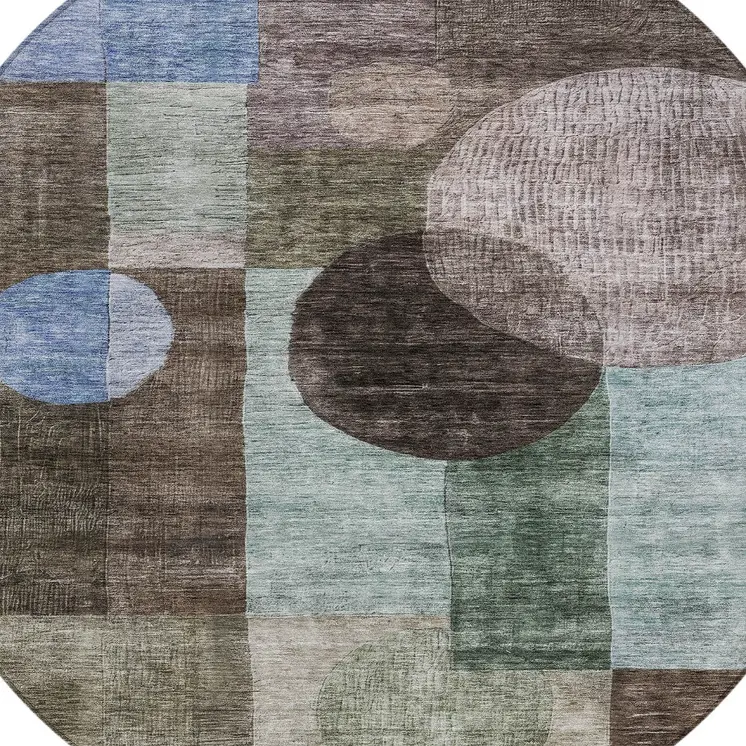 8' Brown Blue And Green Round Geometric Washable Indoor Outdoor Area Rug