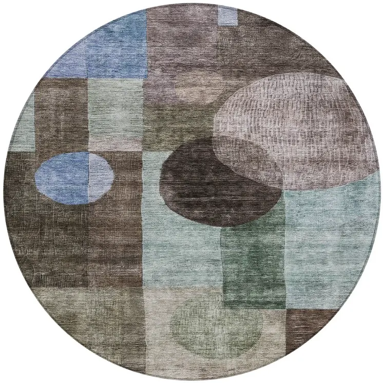 8' Brown Blue And Green Round Geometric Washable Indoor Outdoor Area Rug