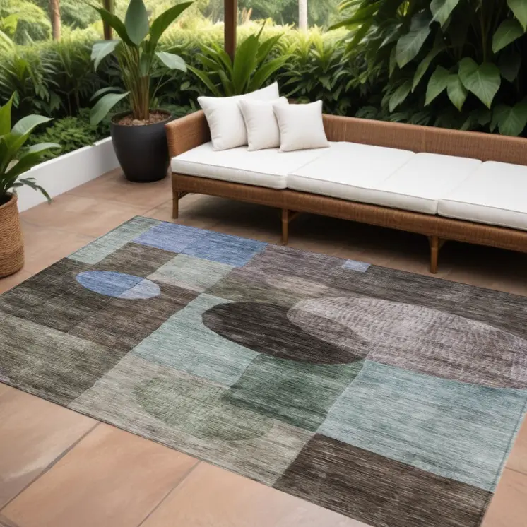 8' X 10' Brown Blue And Green Geometric Washable Indoor Outdoor Area Rug