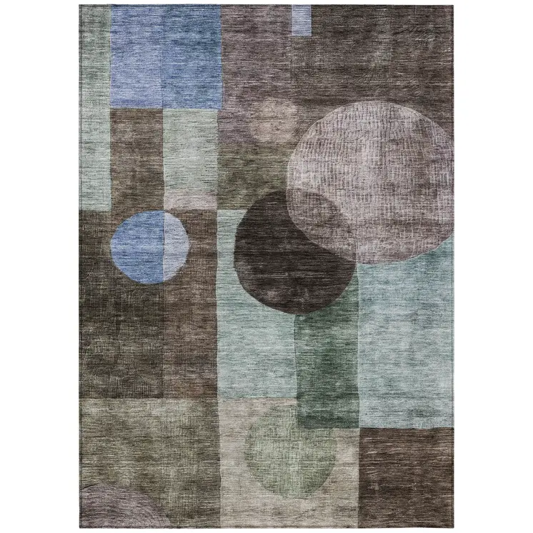 9' X 12' Brown Blue And Green Geometric Washable Indoor Outdoor Area Rug