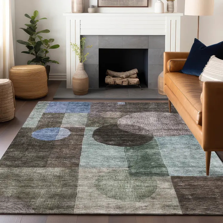 10' X 14' Brown Blue And Green Geometric Washable Indoor Outdoor Area Rug
