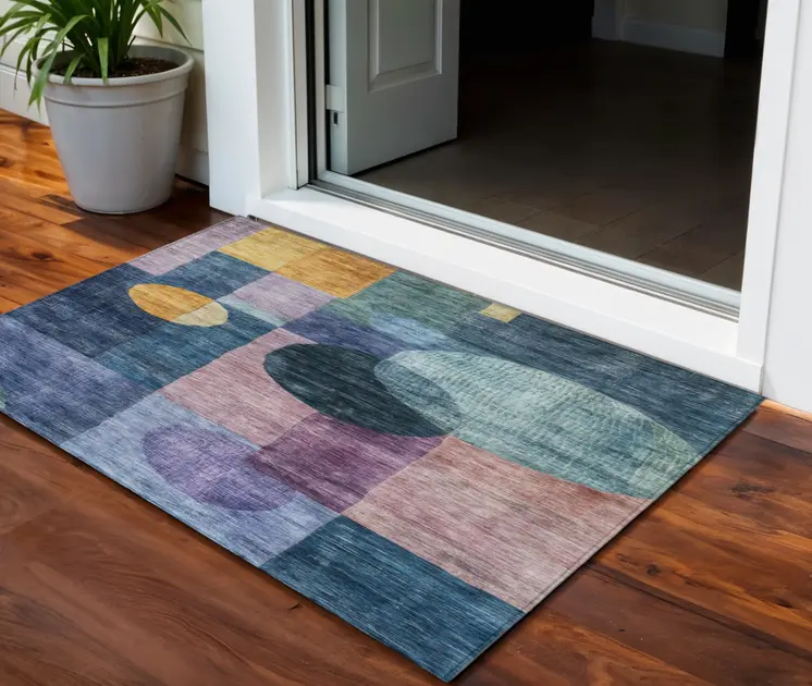 3' X 5' Blue Green And Copper Geometric Washable Indoor Outdoor Area Rug