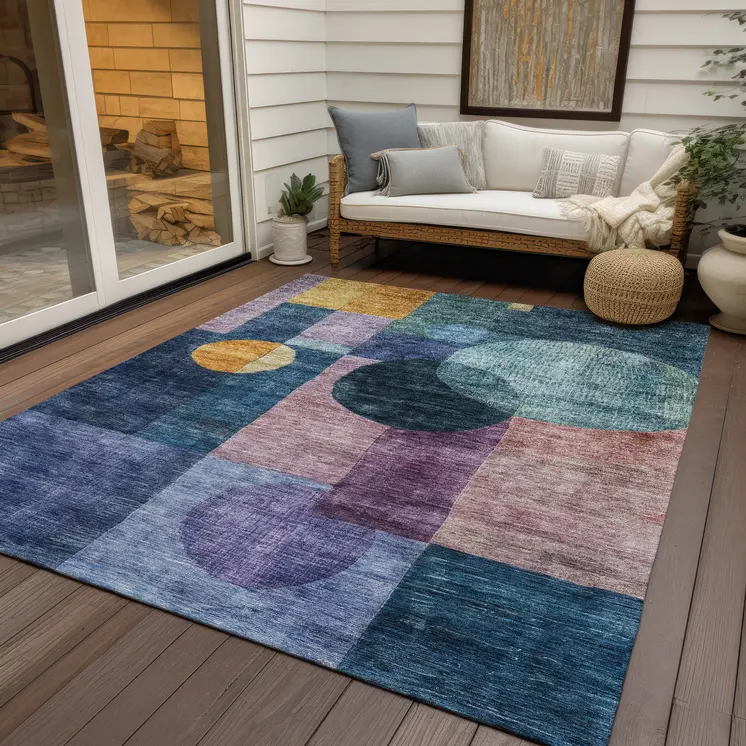 5' X 8' Blue Green And Copper Geometric Washable Indoor Outdoor Area Rug