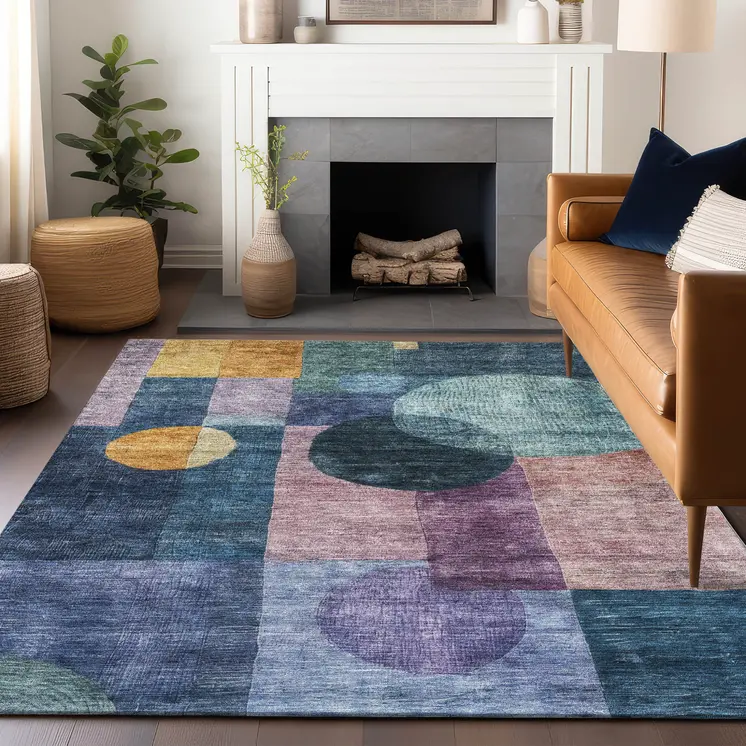 5' X 8' Blue Green And Copper Geometric Washable Indoor Outdoor Area Rug