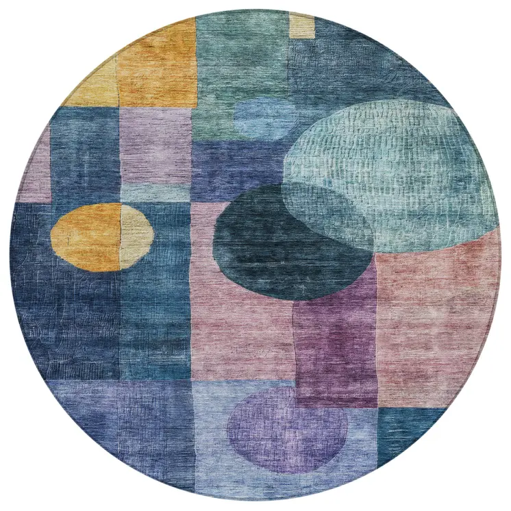 8' Blue Green And Copper Round Geometric Washable Indoor Outdoor Area Rug